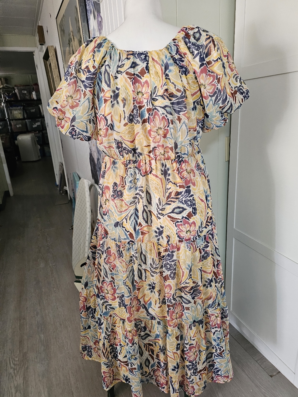 Anthro Patrons of Peace Floral Tiered Midi Dress Sz L (10-12) Boho Puff Sleeve - Picture 2 of 12